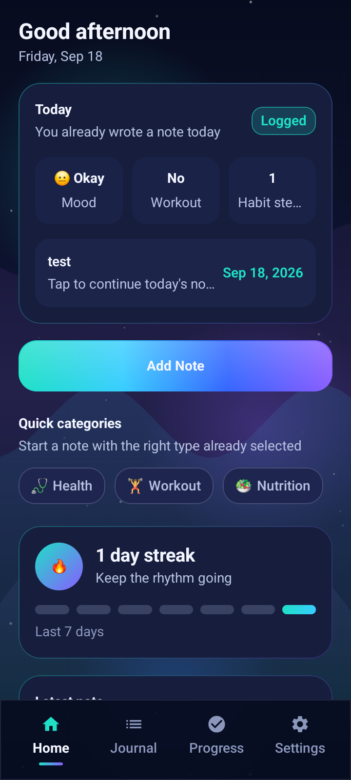 Mindful Note home screen